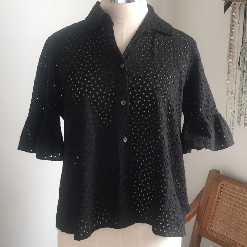 Madewell Eyelet Button Down Black Ruffle Sleeves
